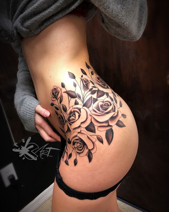 Simple Shaded Roses Hip Tattoo Design