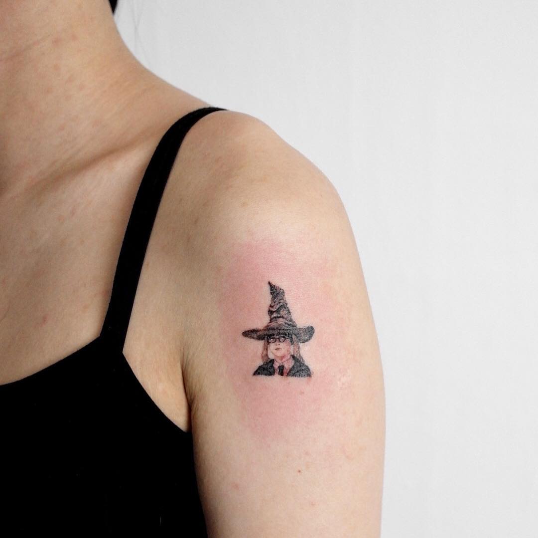 Small Harry Potter Portrait Tattoo On Sleeve