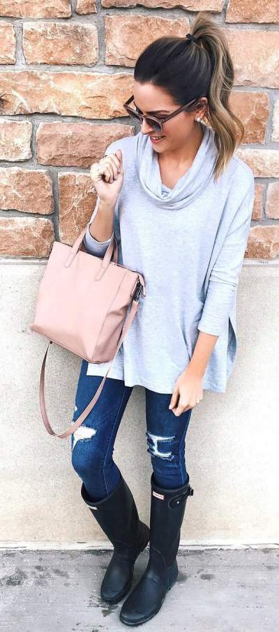Super Soft Cowl Neck Tunic With Ripped Jeans And Knee Shoes