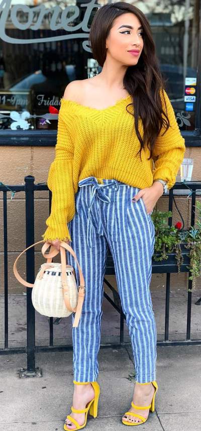 Superb Off Shoulder Sweater With Stripes Pant, Yellow Heels And Cute Handbag