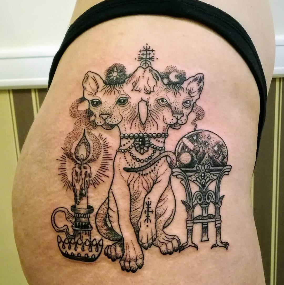 Swanky Cat, Crystal Ball, Candle With Jewellery Inked On Hip