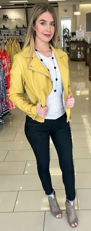 Trendy Yellow Jacket With White Top, Jeans And Open Toe Heels