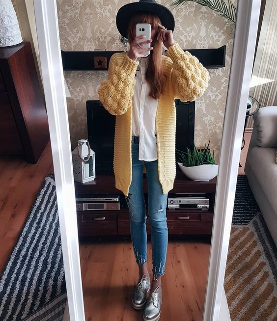 Yellow Bubble Sweater With White Button Down Shirt, Denim Jeans And Sneakers