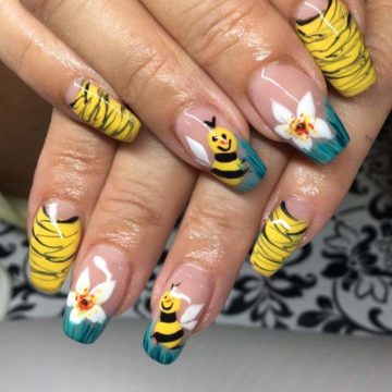 Yellow Nails With Smiling Bee To Welcome Summer