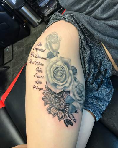 Added This Little Sunflower And Lettering With Roses