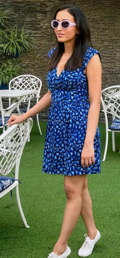 Adorable Blue Midi With white Sneakers And Sunglasses