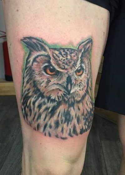 Adorable Owl Portrait Thigh Tattoo