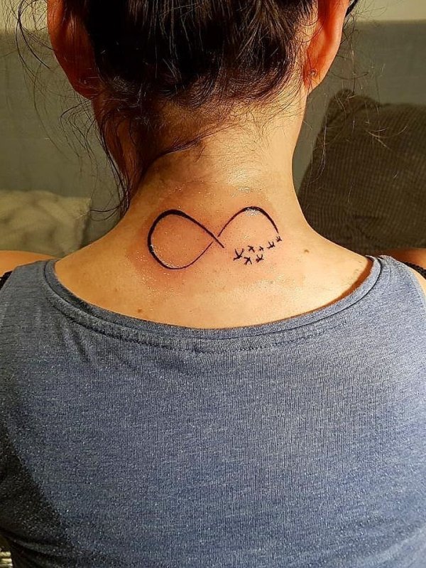 Alluring Infinity Tattoo With Birds On Neck