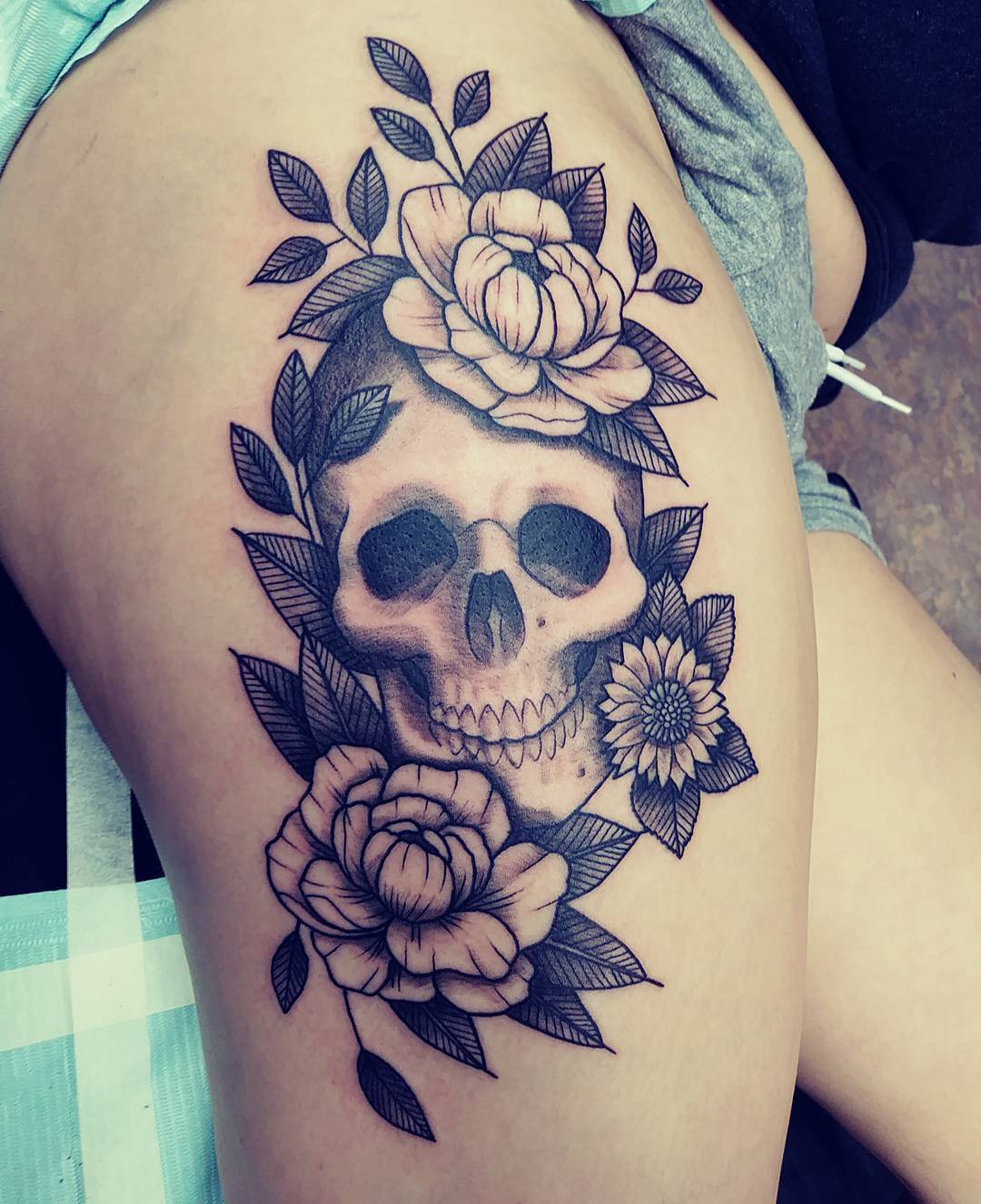 Awesome Skull With Sunflower Thigh Tattoo Design For Beautiful Women