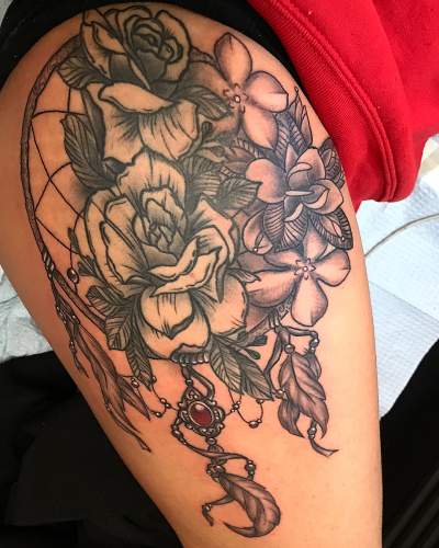Beaded Jewel With Rose Outline Tattoo On Thigh