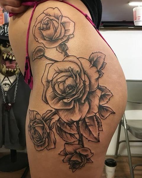 Beautiful Rose Floral Tattoo On Thigh
