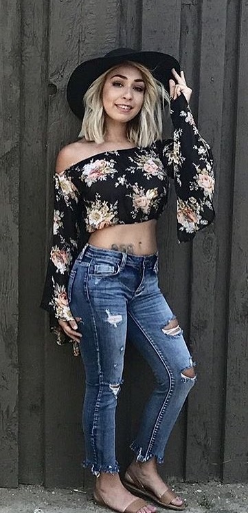 Bell Sleeve Off Shoulder Black Floral Top With Distressed jeans And Hat