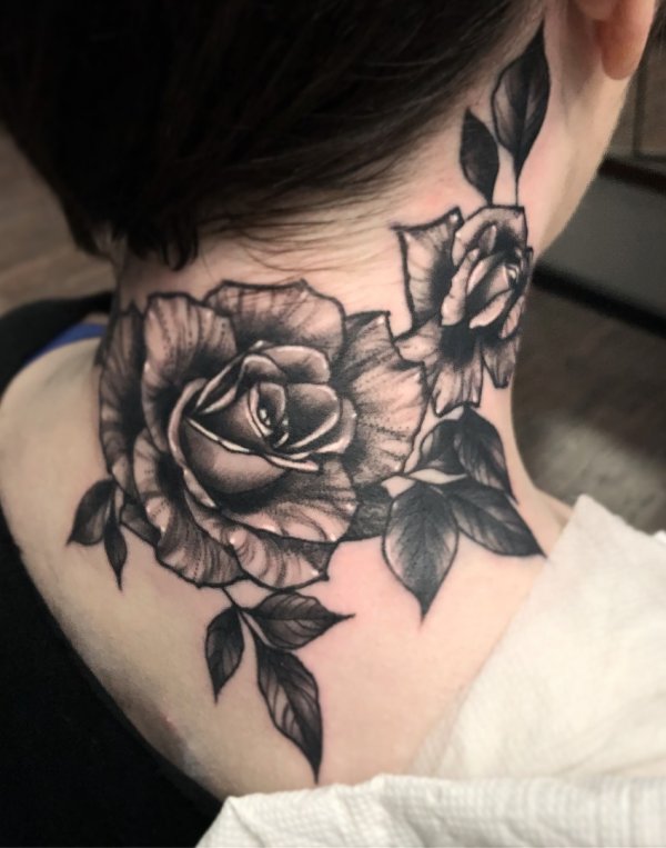 Black And Gray Rose Design Neck Tattoo Large Enough To Start From Side To Back