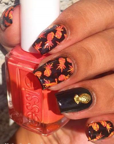Black & Orange Pineapple Summer Nails