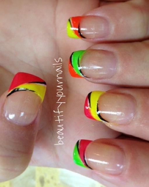 Bright Colorful French Nails For Beach Party