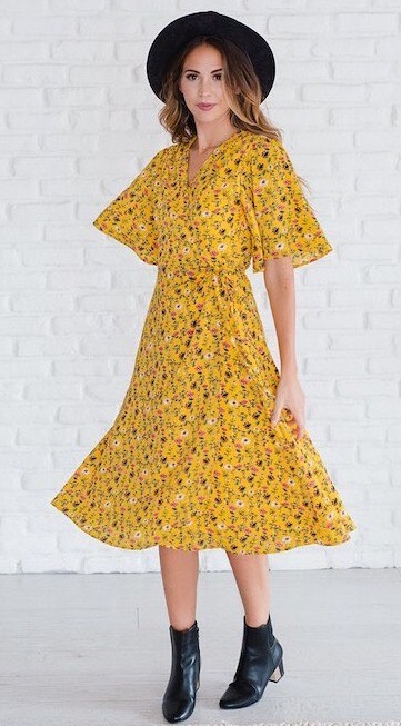 Bright Yellow Floral Print Wrap And Tie Dress With Booties And Hat