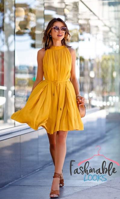Bright Yellow Summer Party Outfit With High Heels