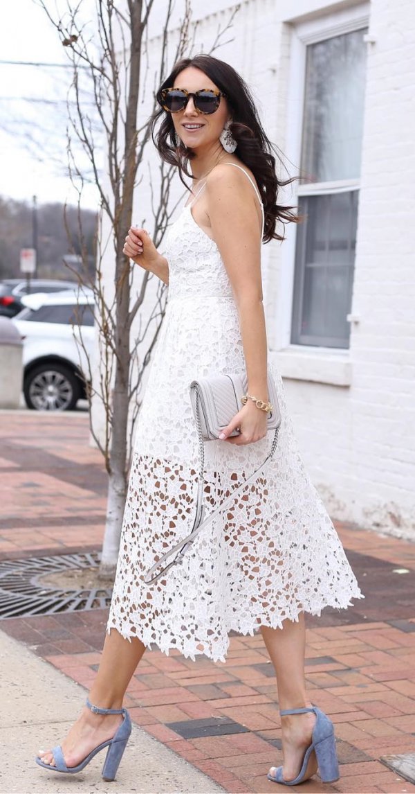 Charismatic White Lace Dress, Grey Block Heels And Crossbody Bag