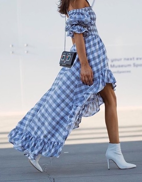 Check Asymmetrical Dress With White Pointed Toe Ankle Boots