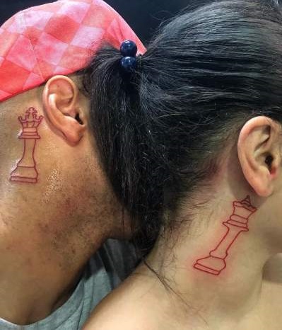 Checkmate King And Queen Behind The Ear Couple Tattoo