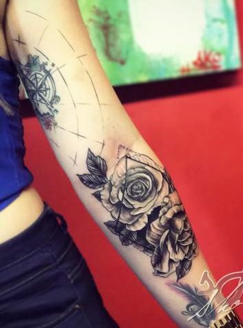 Chic Flower With Watch Full Sleeve Tattoo Design