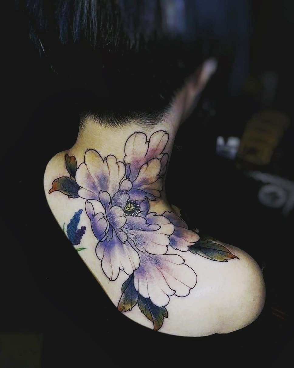 Colorful Peony Flower Neck Tattoo For Beautiful Ladies