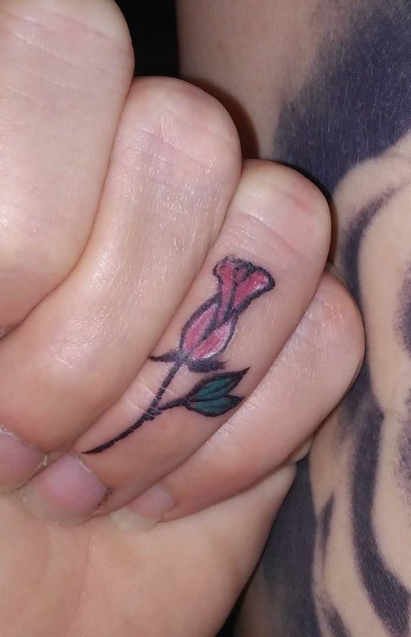 Colorful Rose Tattoo On Ring Finger