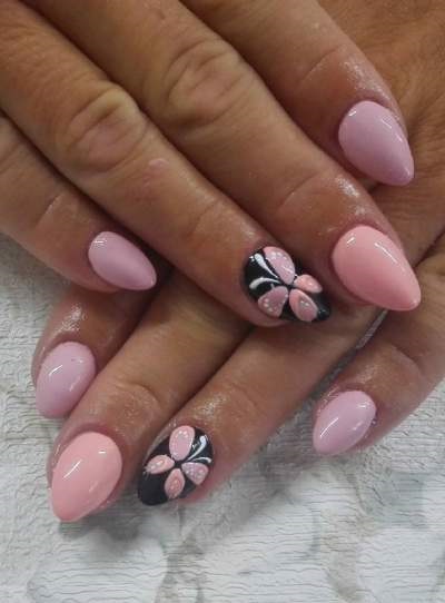 Connecting Butterfly In Pink And Black Summer Colors For Oval Nails