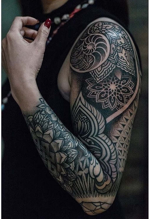 Contemporary Black Dot Work And line Work Full Sleeve Tattoo