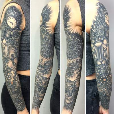 Cover Up Full Sleeve Tattoo With Butterfly, Flowers Lion, Owl, Skull And Watch