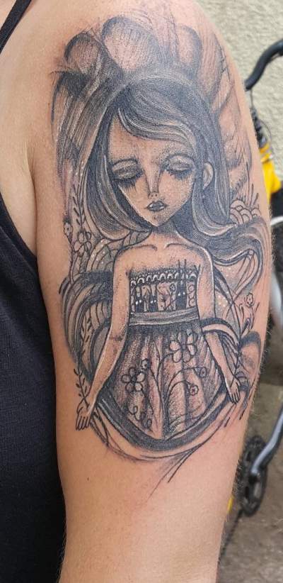 Creepy Black Work Girl Arm Tattoo