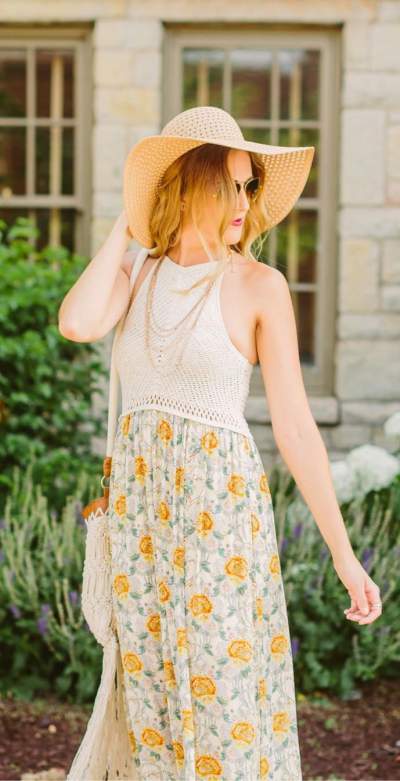 Crochet Top With Floral Print Skirt And Sun Hat