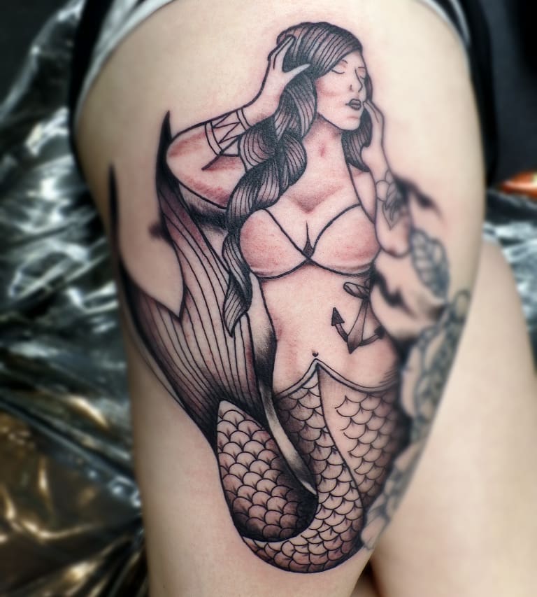 Dashing Black And Gray Mermaid Thigh Tattoo