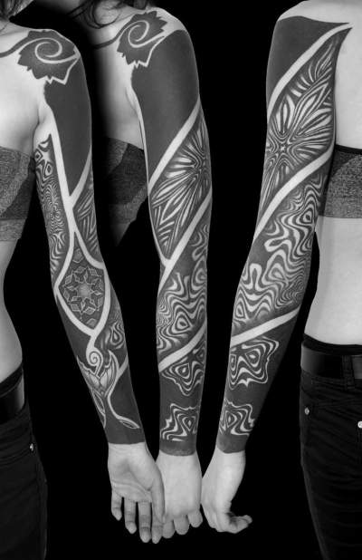 Dashing Black Mandala Dot Work And Line Work Geometric Full Sleeve Tattoo