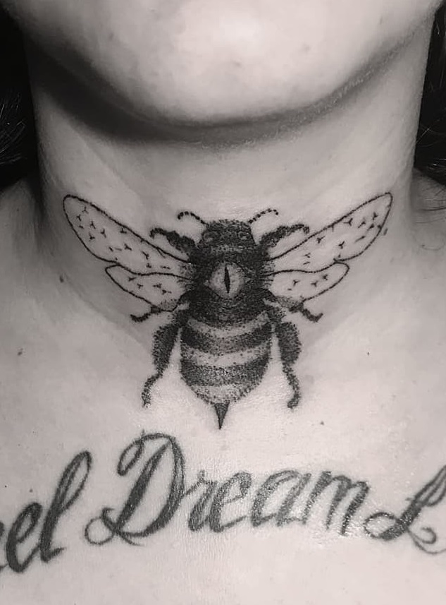 Dashing Dotwork Bee Tattoo On Front Neck