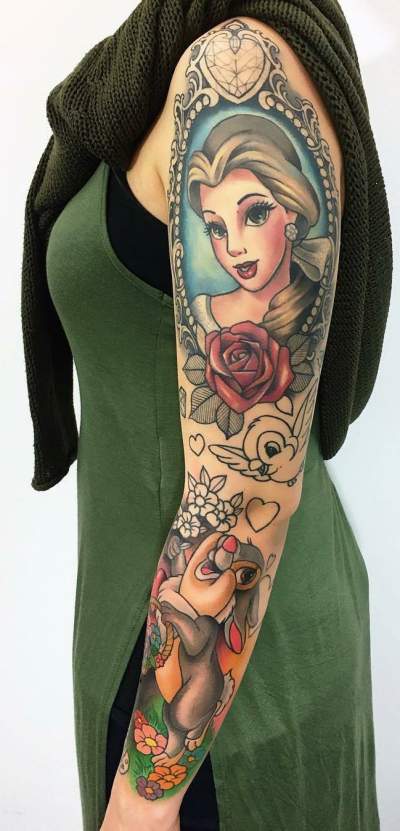Disney Full Sleeve Tattoo With Flowers
