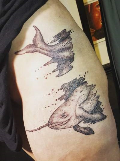 Dotwork Whale Tattoo On Thigh