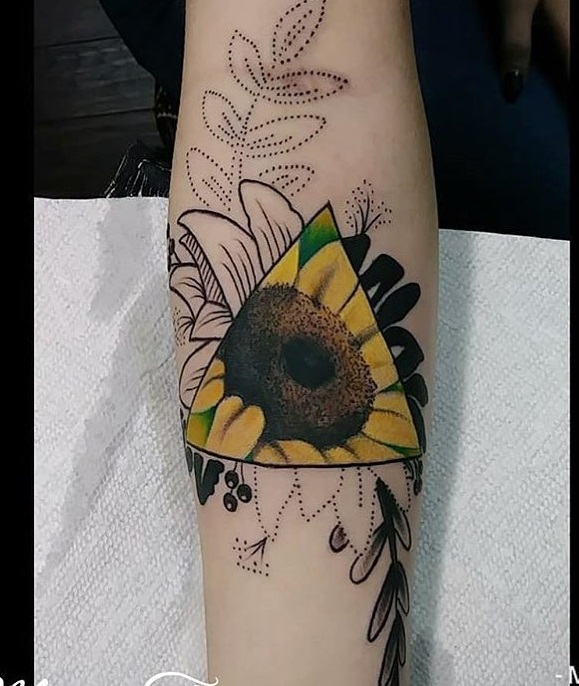 Fabulous Sunflower Half Sleeve Tattoo With Dotwork