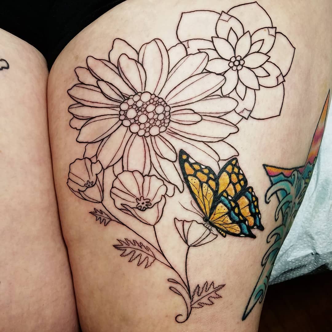 Fineline Flower Tattoo With Colorful Butterfly