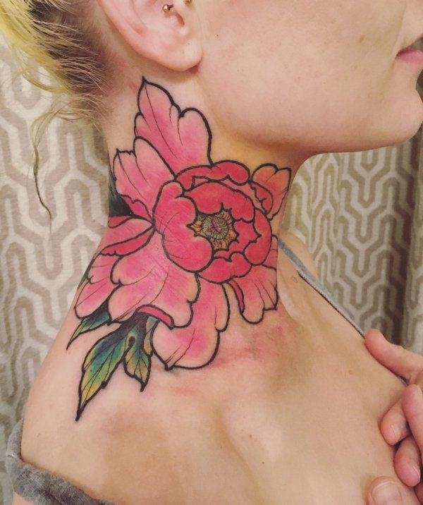 Flower Design Neck Tattoo On Side