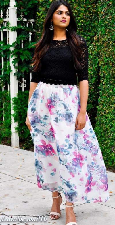Flowy Skirt With Black Lacy Crop Top And Sandals