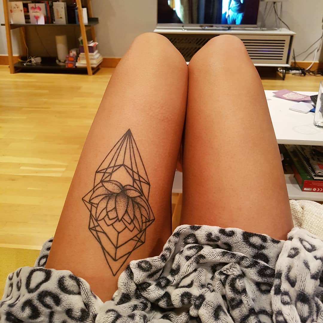 Geometric Lotus Linework And Dotwork Thigh Tattoo