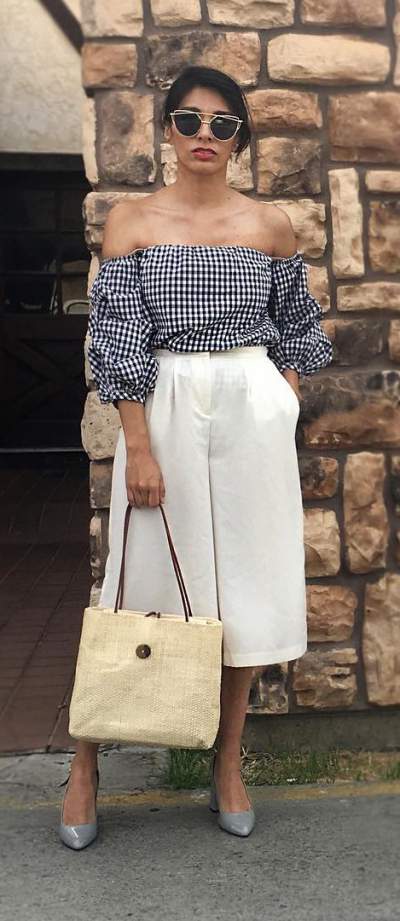 Glamorous Gingham Off Shoulder Top With White Loose Crop Pant