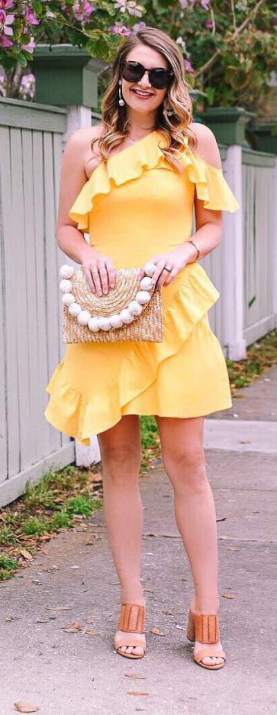 Glamorous Yellow Ruffle Dress With Block Heels