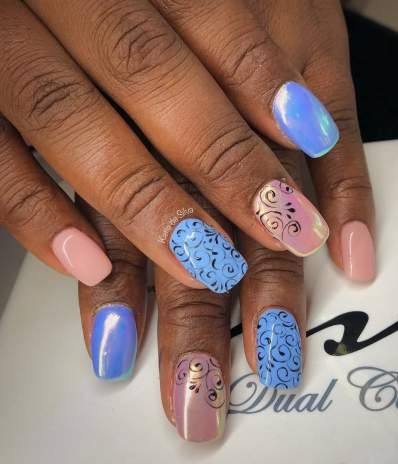 Glossy Pink And Light Blue Summer Design For Short Wide Nails