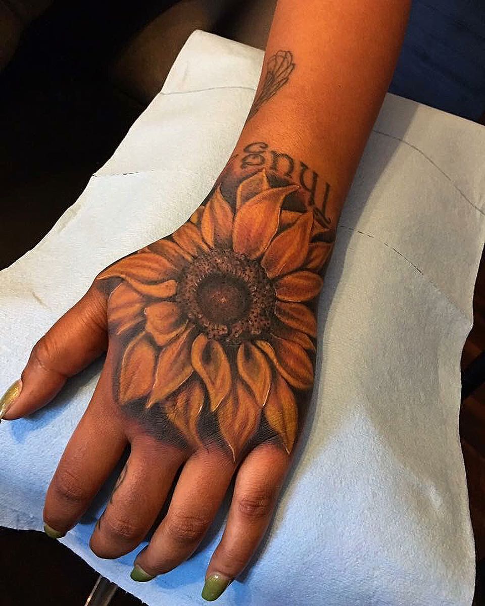 Gorgeous Sunflower Hand Tattoo With Text