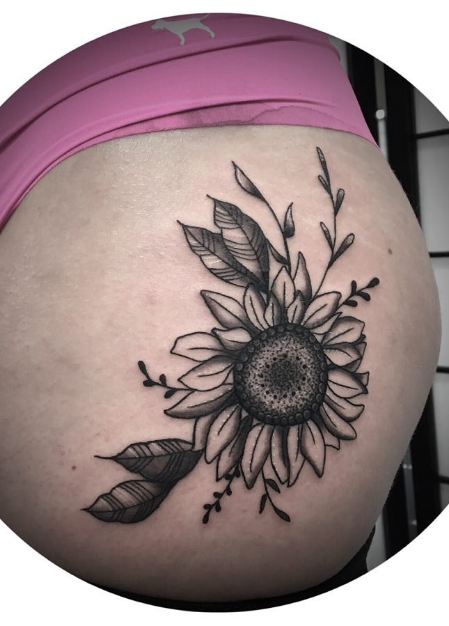 Graceful Dotwork Sunflower Hip Tattoo Design