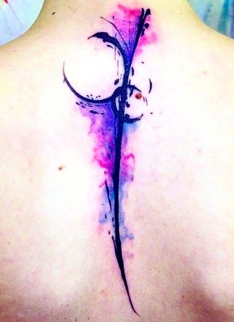 Graceful Watercolor Purple Inspired Spinal Tattoo