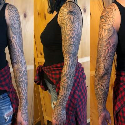 Gray Ornamental Dot Work Full Sleeve Tattoo With Crescent Moon