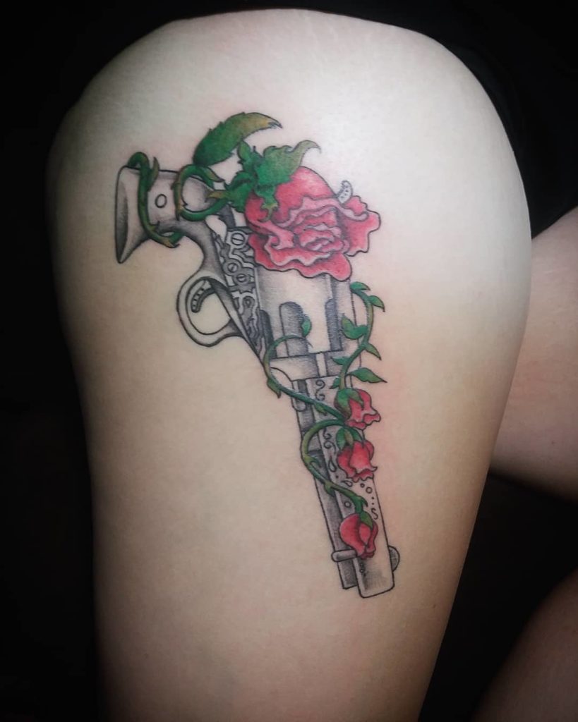 Gun With Roses Thigh Tattoo For Women - Blurmark
